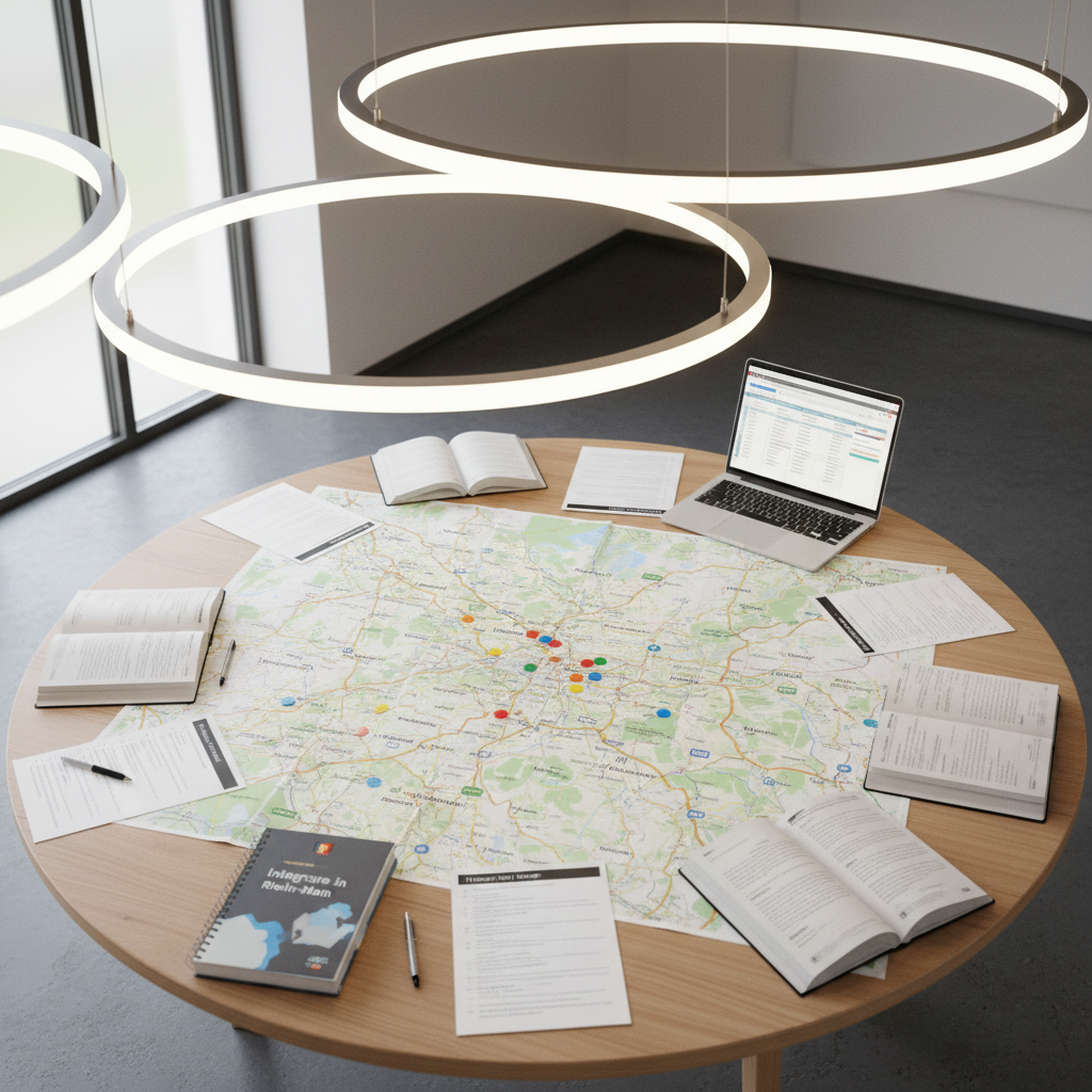 A round table in a modern community center, topped with a large unfolded map of the Rhein-Main area, carefully marked with colored stickers for Frankfurt, Wiesbaden, Mainz, Darmstadt and surrounding towns. Around the map are neatly placed Romanian-German dictionaries, a spiral-bound guide titled “Integrare în Rhein-Main”, and printed checklists with clear bullet points. A slim laptop shows an open document with structured project plans. Overhead, bright yet soft artificial lighting creates an even illumination, while a nearby window lets in a hint of daylight. Photographic realism, captured from a high, slightly diagonal angle, with clear, crisp details, communicating strategic planning, orientation, and practical support for Romanians settling in the region.