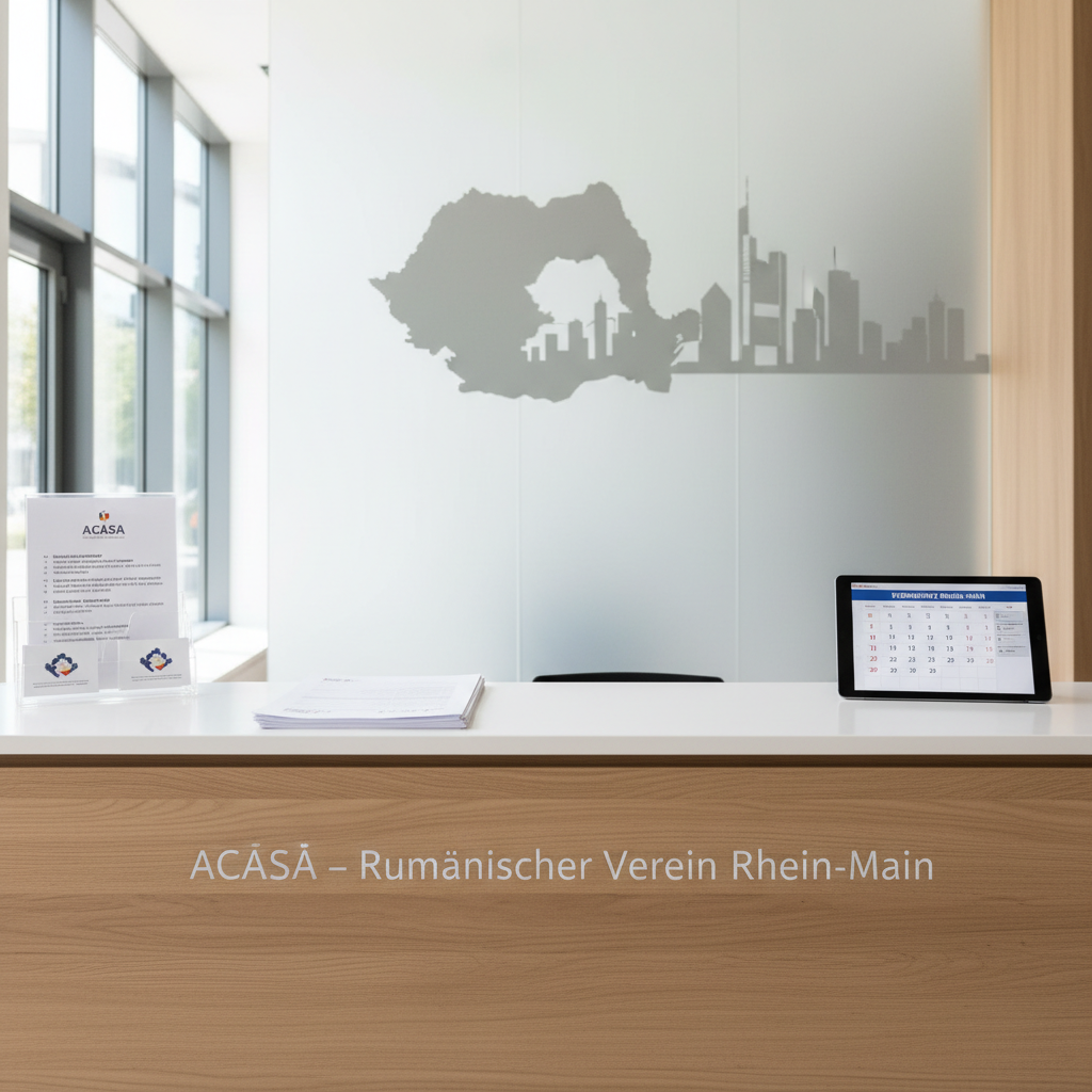 A clean, modern information desk in a bright lobby space, with a matte white counter and ash-wood front panel engraved with the subtle inscription “ACASA – Rumänischer Verein Rhein-Main”. On the counter rest a stack of neatly printed membership forms in Romanian and German, a small acrylic holder with contact cards, and a tablet displaying an event calendar for the Rhein-Main region. Behind the desk, a frosted glass wall features a simple, elegant outline of Romania blending into the silhouette of the Frankfurt skyline. Soft, even natural light from floor-to-ceiling windows creates a calm, professional atmosphere. Photographic realism, front-facing eye-level composition, sharp focus, emphasizing clarity, trust, and organized community support.