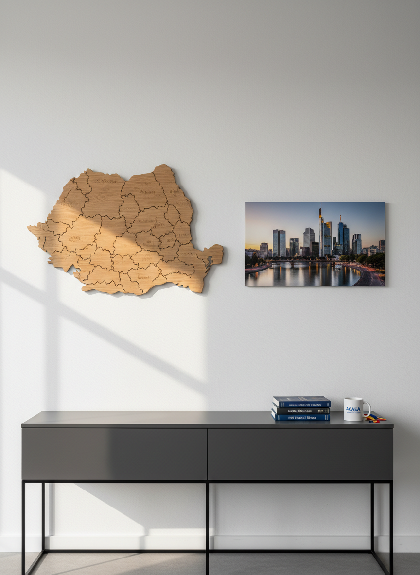A large, detailed wooden outline map of Romania engraved on a smooth light oak panel, with every county subtly etched, mounted on a white wall next to a sleek panoramic photograph of the Frankfurt skyline along the Main River. Below, a minimalist dark gray console table holds a few neatly arranged Romanian books, a small tricolor ribbon, and a ceramic mug with a discreet logo reading “ACASA – Rhein-Main”. Soft natural afternoon light enters from an unseen window, creating gentle shadows and warm highlights on the wood grain. Photographic realism at eye level, clean and modern composition with plenty of negative space, conveying a professional yet welcoming atmosphere of cultural connection between Romania and the Rhein-Main region.