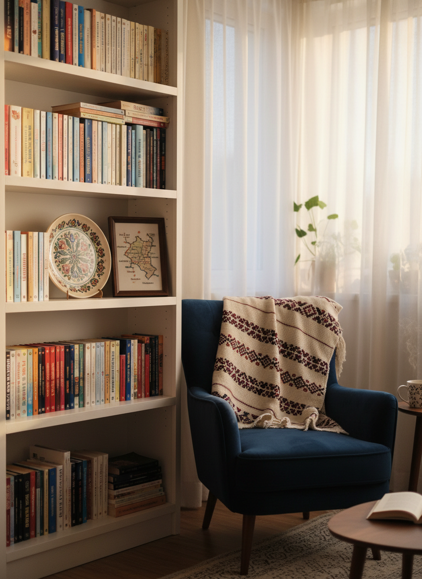 A cozy reading corner featuring a tall white bookshelf filled with neatly arranged Romanian literature, children’s books, and cultural albums, each with colorful spines in reds, blues and yellows. On one shelf stands a decorative ceramic plate with a traditional Romanian folk motif, next to a small framed map highlighting Frankfurt, Wiesbaden, Mainz and Darmstadt. A comfortable dark blue armchair sits nearby with a folded knitted throw bearing subtle Romanian patterns. Late afternoon natural light streams through sheer curtains, casting soft shadows and warm tones. Photographic realism, eye-level composition with shallow depth of field, focusing on the central shelf while the foreground and background blur slightly, creating a calm, inviting mood perfect for cultural exchange and learning.