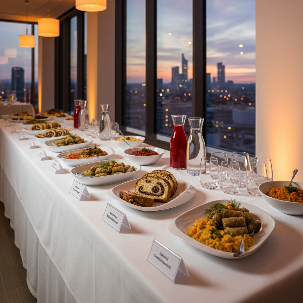 A long buffet table covered with a crisp white tablecloth, carefully arranged with traditional Romanian foods displayed in a modern, minimalist way: polished white ceramic platters holding sarmale, neatly sliced cozonac, and colorful vegetable spreads, each labeled with small, clean bilingual name cards in Romanian and German. Nearby, elegant glass carafes of apă and suc stand alongside simple clear tumblers. Behind the table, a large window reveals a soft-focus urban Rhein-Main skyline at dusk. Warm overhead lighting and subtle side lighting create appetizing highlights on the dishes. Photographic realism, shot at a slightly low angle along the length of the table, emphasizing abundance, hospitality, and a professional presentation of Romanian culture in a contemporary setting.