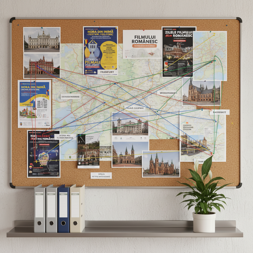 A large corkboard mounted on a neutral-colored office wall, meticulously covered with pinned event posters, printed photos of recognizable Rhein-Main landmarks without people, maps, and neatly arranged color-coded strings connecting Romanian cities to Frankfurt, Wiesbaden, Mainz, and Darmstadt. Some notes read “atelier de limba română”, “seară culturală” and “sprijin pentru integrare”, all printed in a clear, modern font. A slim metal shelf below the board holds organized folders and a single potted green plant. Bright, diffused office lighting illuminates every detail evenly. Photographic realism, slightly angled perspective using the rule of thirds, conveying energy, planning, and an active, structured Romanian community network in the region.