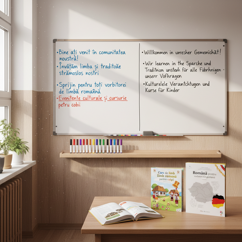 A bright classroom-like space with a large whiteboard covered in carefully written Romanian phrases and their German translations, all in neat, legible blue and black marker. Key words like “comunitate”, “sprijin” and “tradiții” are underlined in red. Below the board, a long ledge holds an organized row of colorful markers and an eraser. On a nearby table lie open workbooks titled “Curs de limbă română pentru copii” and “Română pentru vorbitori de germană”. Daylight from wide windows bathes the room in soft, neutral light. Photographic realism, eye-level composition with moderate depth of field, creating a focused yet welcoming atmosphere that suggests structured language and cultural education for the Romanian community in Rhein-Main.