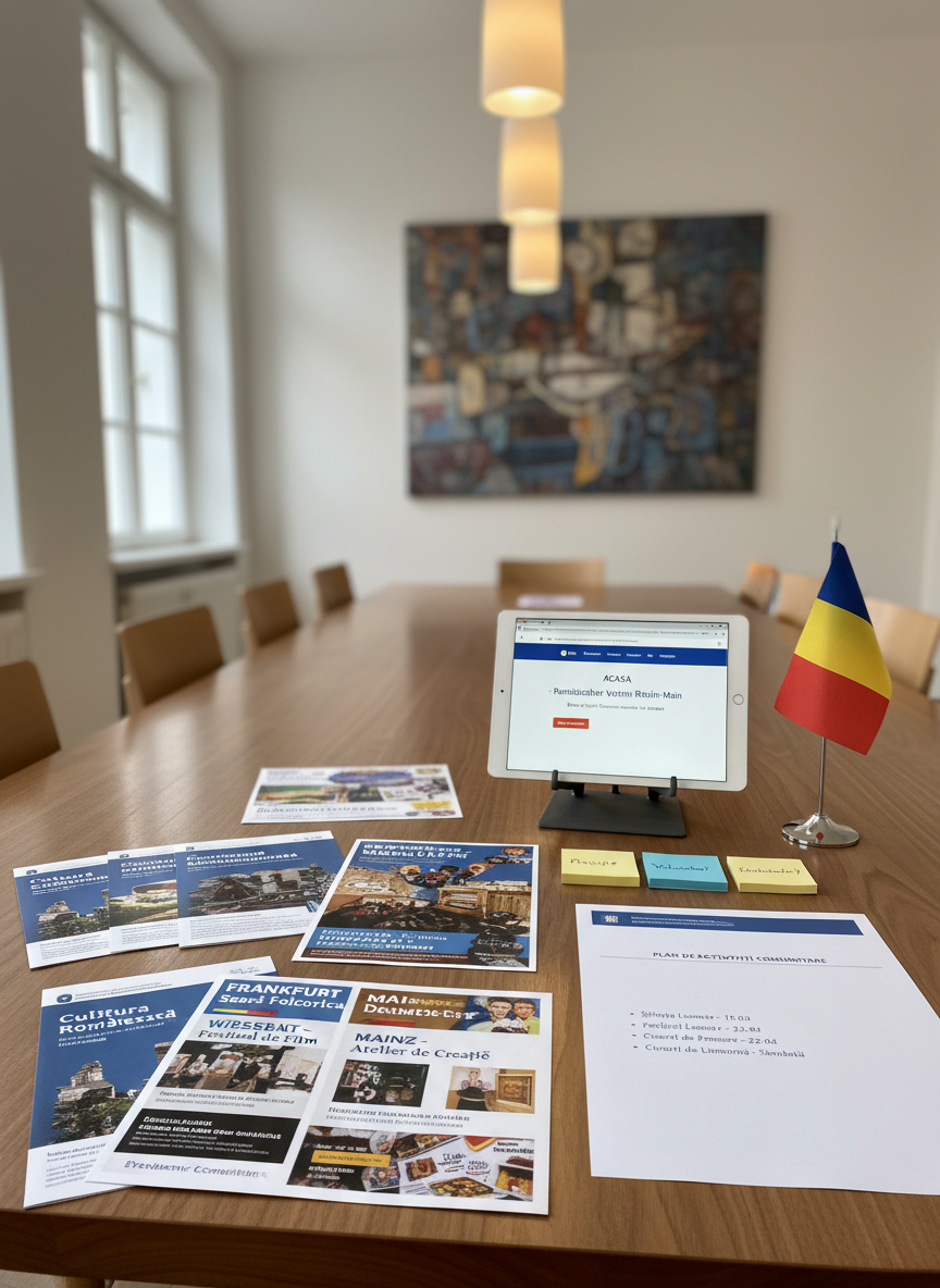A polished meeting table of warm walnut wood set in a bright, modern community room, scattered with neatly arranged Romanian-language brochures, event flyers for Frankfurt, Wiesbaden, Mainz and Darmstadt, and a tablet showing a clean website with the title “ACASA – Rumänischer Verein Rhein-Main”. On the table lie color-coded sticky notes, a small Romanian flag on a chrome stand, and a subtle printed agenda titled “Plan de activități comunitare”. Soft overhead pendant lighting and diffused daylight from a side window create a balanced, professional glow. Photographic realism, shot from a slightly elevated angle, sharp focus throughout, emphasizing organization, planning, and active community involvement in the Rhein-Main area.