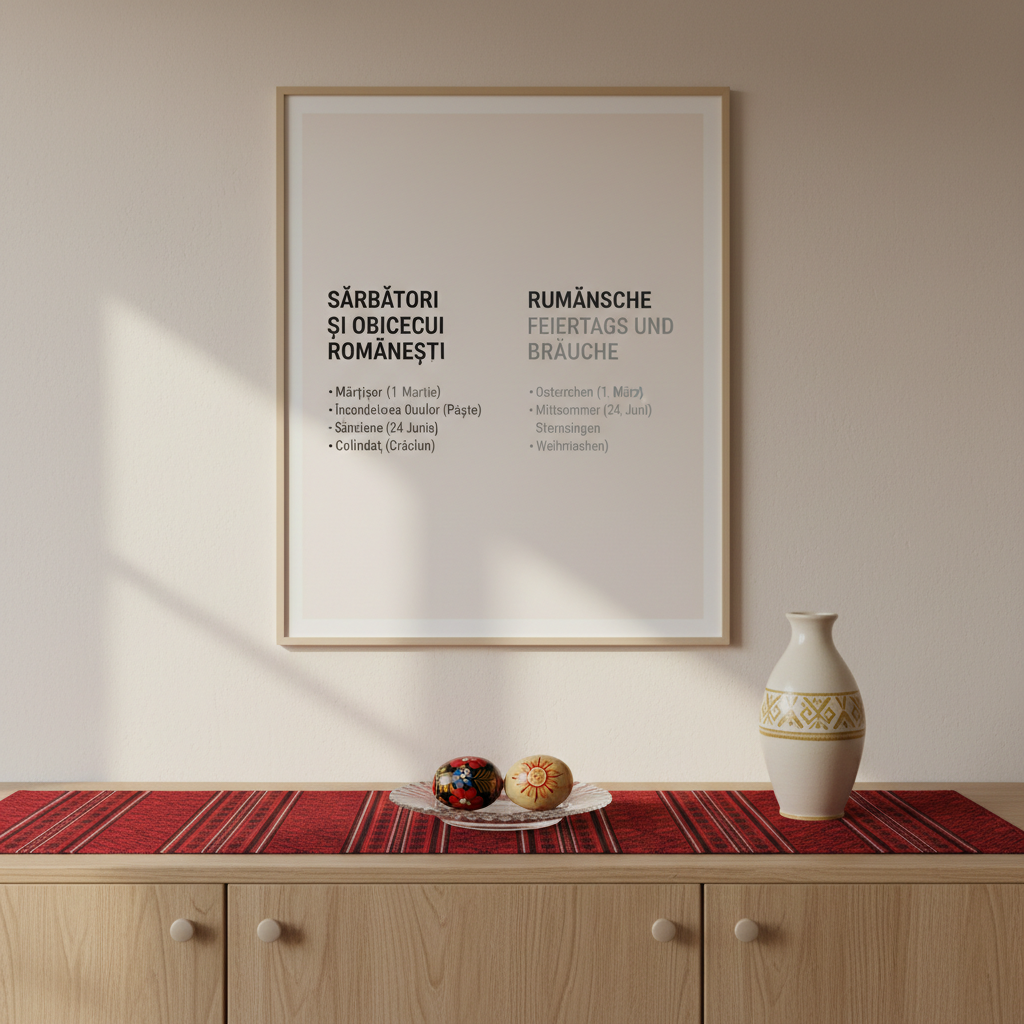 A tastefully decorated room featuring a long sideboard displaying carefully curated Romanian traditional objects in a contemporary, minimalist arrangement: a hand-woven table runner with geometric motifs in red and black, a pair of painted wooden Easter eggs in a simple glass dish, and a tall, slender ceramic vase with a subtle folk pattern. Above, a framed, modern graphic poster lists Romanian holidays and customs alongside their German descriptions. The walls are light beige, and a large window out of frame provides gentle natural light that creates soft shadows and highlights the textures of the fabrics and ceramics. Photographic realism, shot with a straight-on composition, emphasizing cultural pride presented in a clean, professional setting suitable for an informational non-profit site.